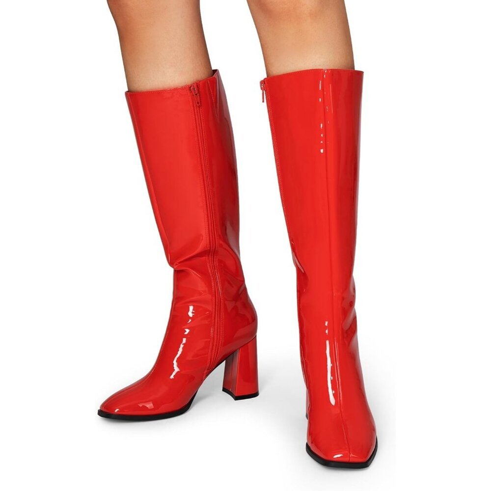 Women's Red DREAM PAIRS Knee-High Boots Square Toe Gogo Chunky Heel Side Zip - Picture 6 of 9